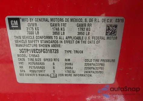 2015 GMC Sierra 1500 Slt из США, поврежденный, VIN 3GTP1VEC5FG318728